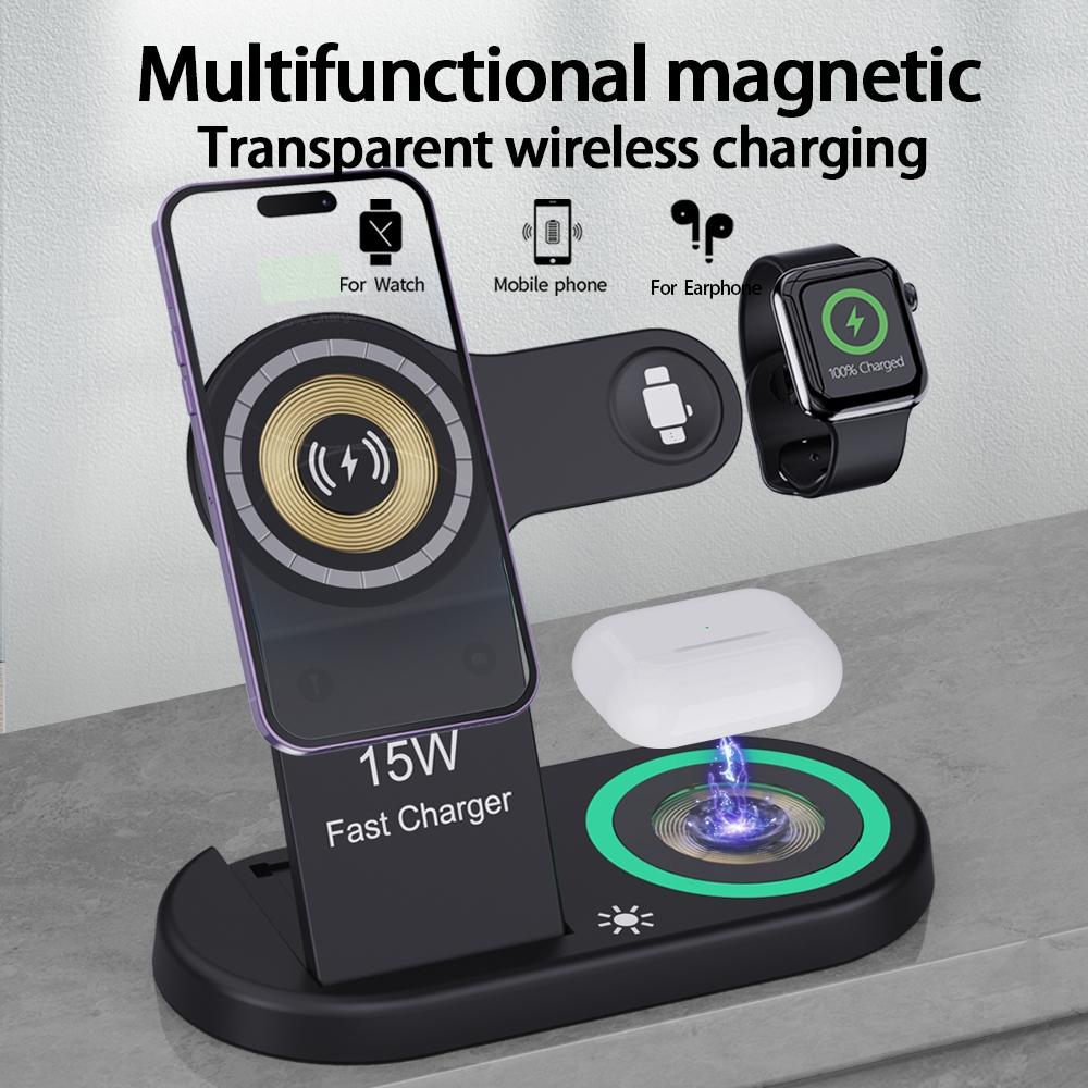 4-in-1 Magnetic Wireless Charger – Black. Fast Qi Charging Station for Phone, Watch, Earbuds & Stylus
