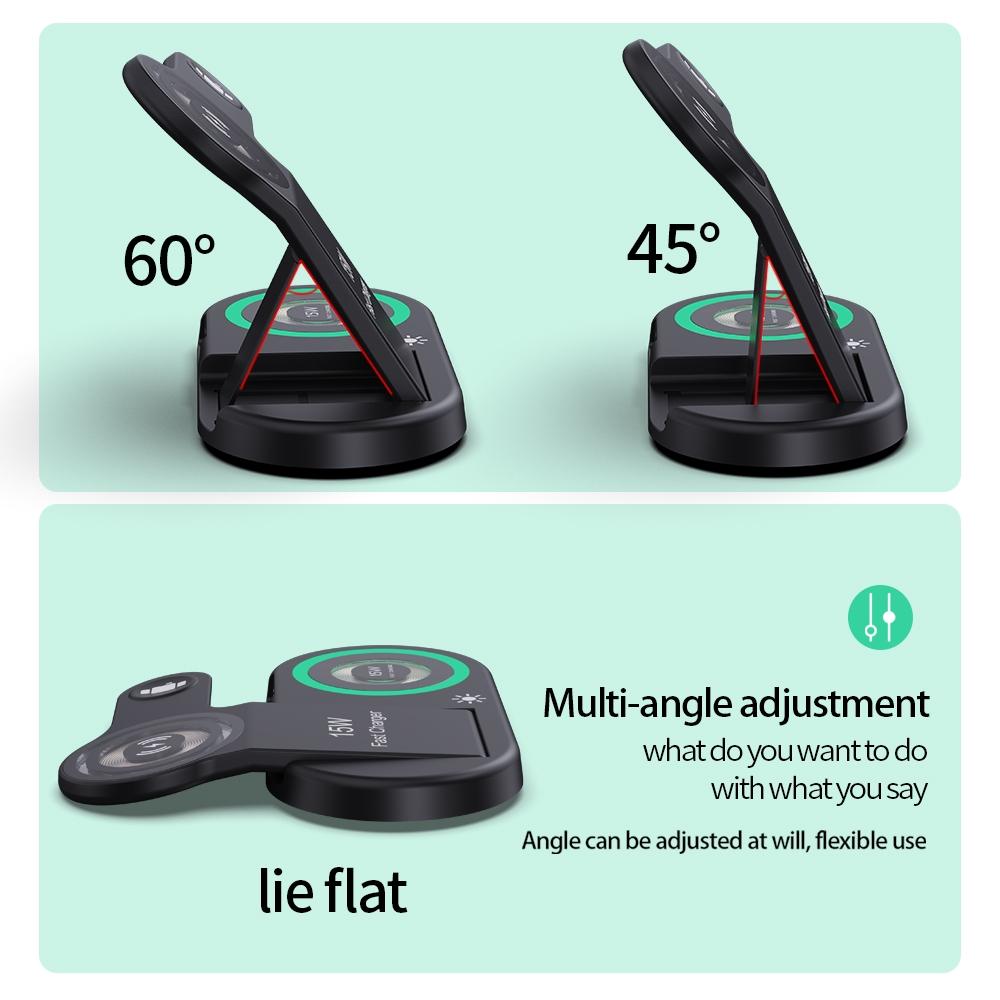 4-in-1 Magnetic Wireless Charger – Black. Fast Qi Charging Station for Phone, Watch, Earbuds & Stylus