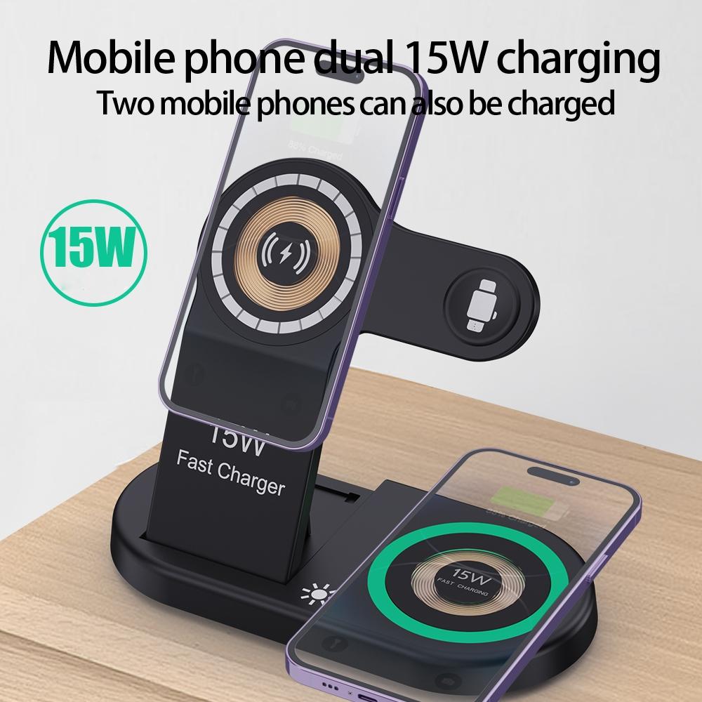 4-in-1 Magnetic Wireless Charger – Black. Fast Qi Charging Station for Phone, Watch, Earbuds & Stylus