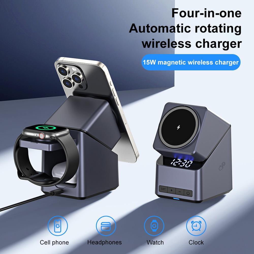 180° Rotating 4-in-1 Magnetic Wireless Charger – Grey | Foldable Fast Qi Charging Station for Multiple Devices
