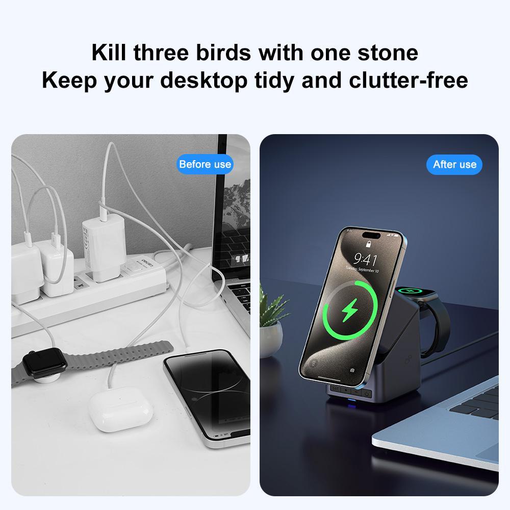 180° Rotating 4-in-1 Magnetic Wireless Charger – Grey | Foldable Fast Qi Charging Station for Multiple Devices