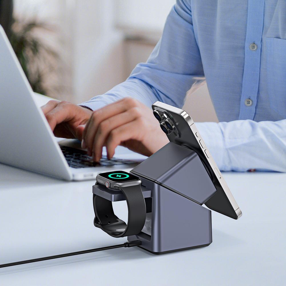 180° Rotating 4-in-1 Magnetic Wireless Charger – Grey | Foldable Fast Qi Charging Station for Multiple Devices