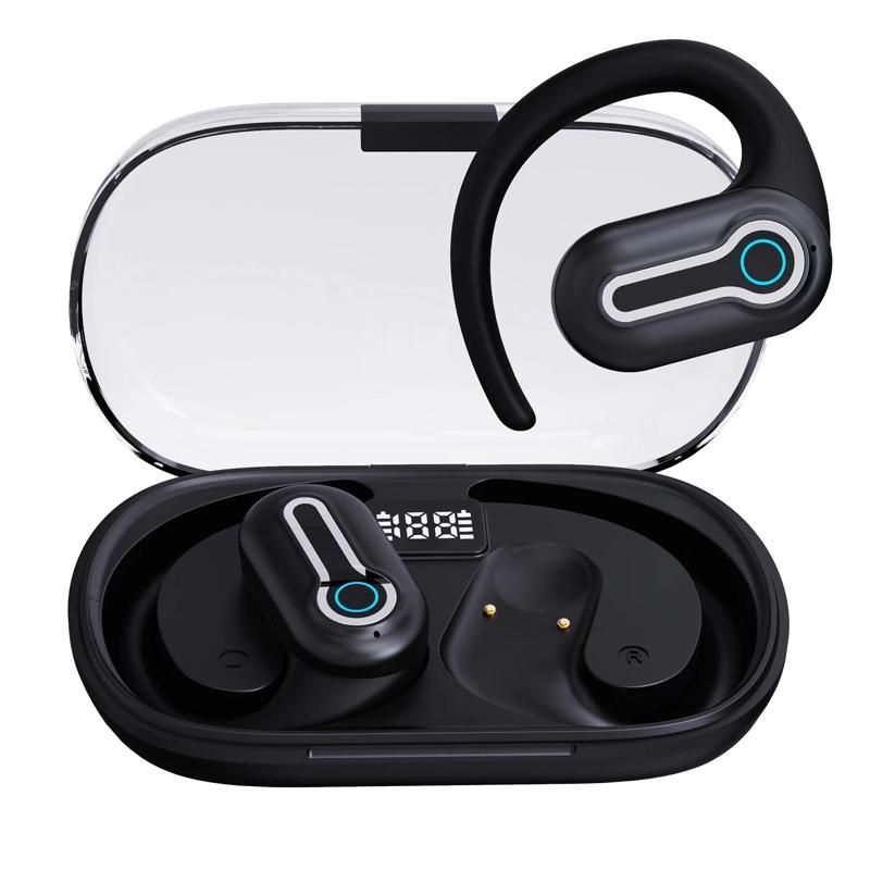 Wireless Stereo Earphones with Charging Case – Secure Hanging Ear Design, HiFi Sound, Long Battery – Black