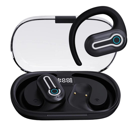 Wireless Stereo Earphones with Charging Case – Secure Hanging Ear Design, HiFi Sound, Long Battery – Black