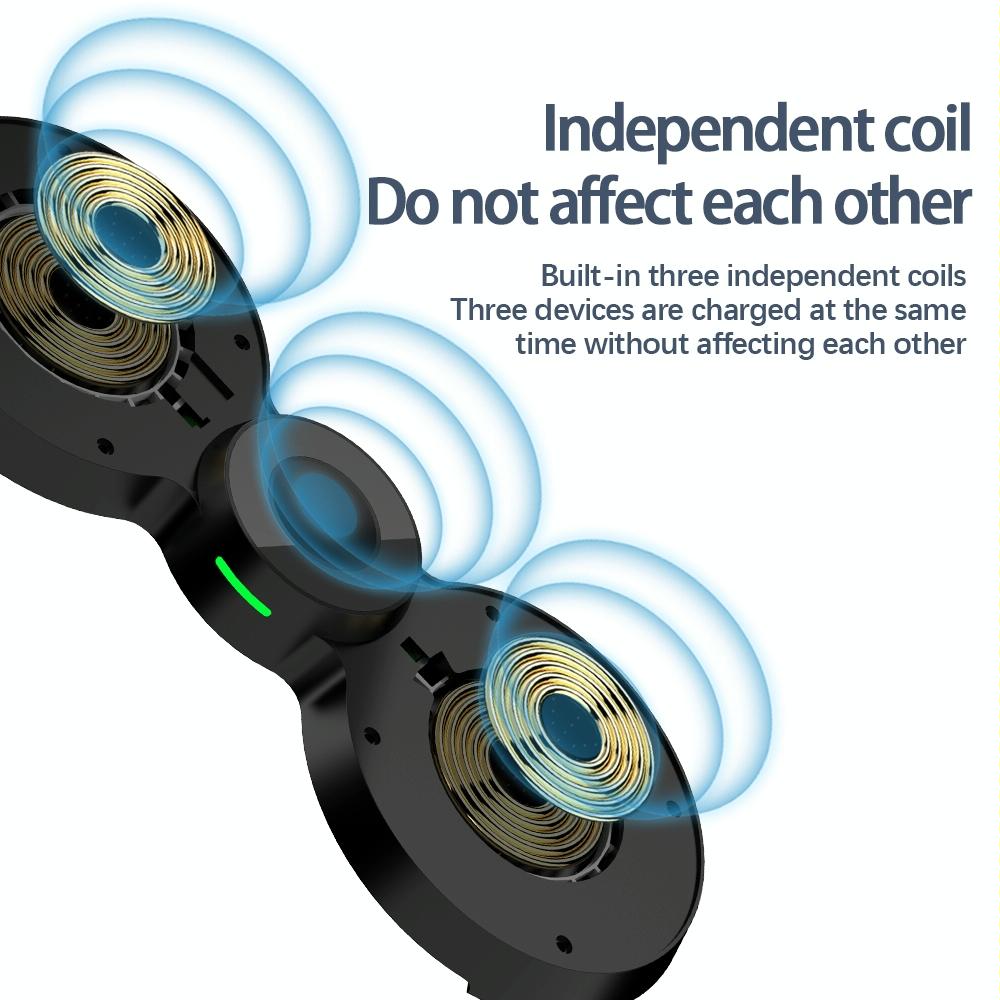 15W 3-in-1 Magnetic Wireless Charger for Phone, Watch & AirPods – Black | Fast Qi Charging Stand