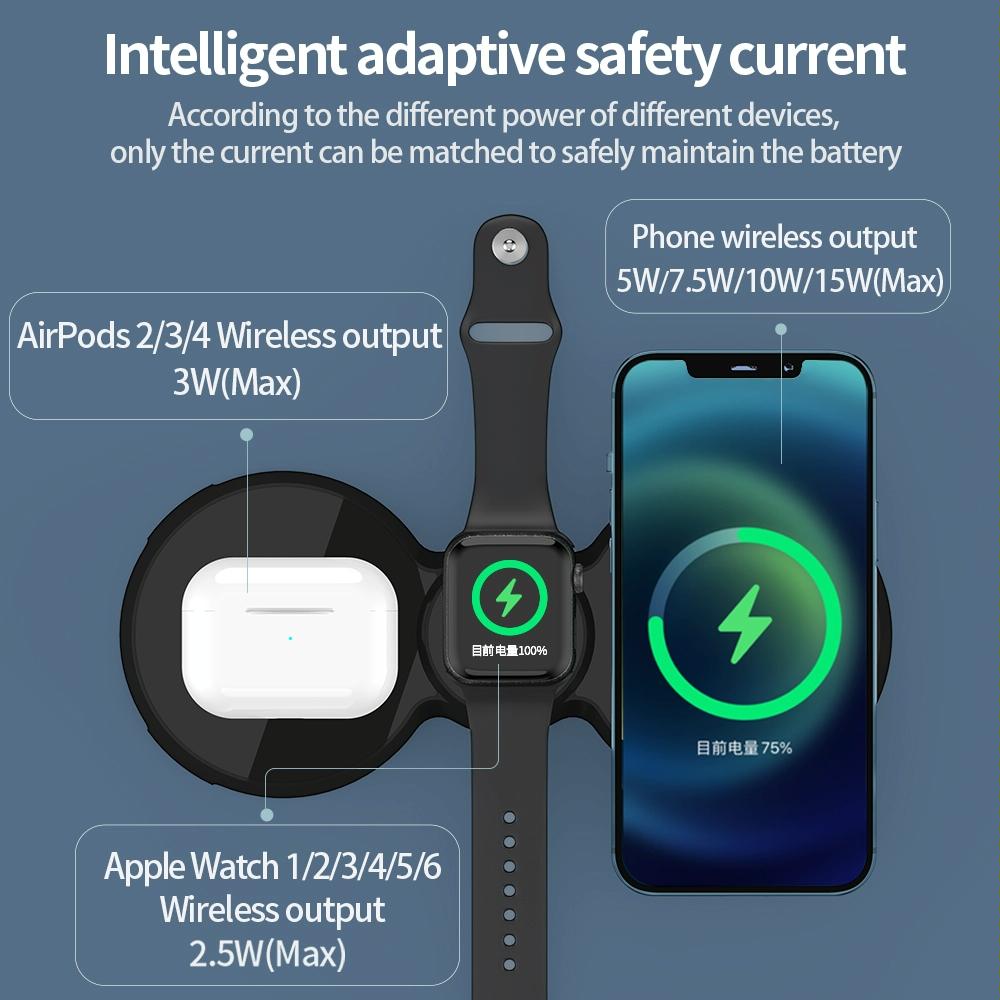 15W 3-in-1 Magnetic Wireless Charger for Phone, Watch & AirPods – Black | Fast Qi Charging Stand
