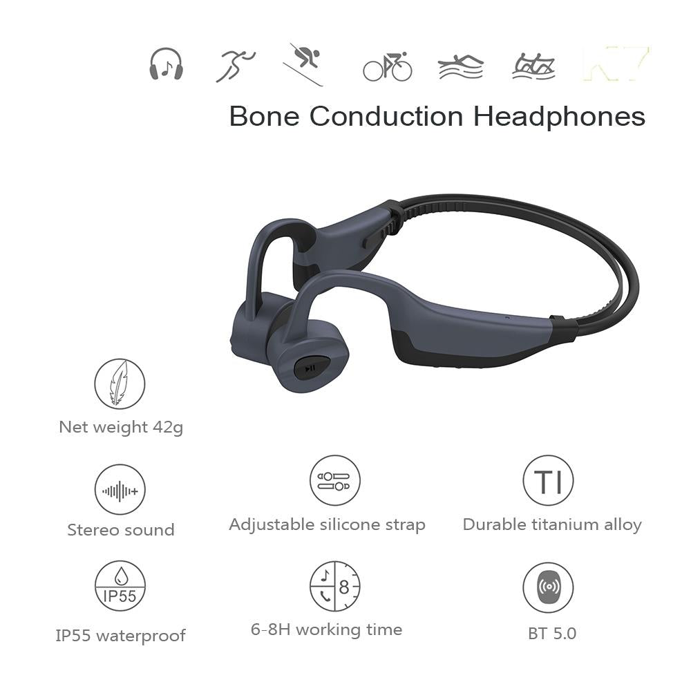 Waterproof K7 Bone Conduction Bluetooth Earphones – 16GB RAM, Deep Bass, Black
