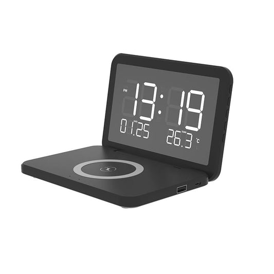 Foldable Desk Calendar Clock with Wireless Charger & Alarm – Black | Multifunctional Charging Station