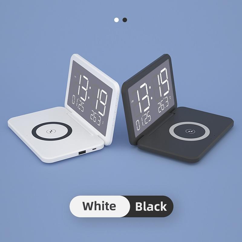 Foldable Desk Calendar Clock with Wireless Charger & Alarm – Black | Multifunctional Charging Station