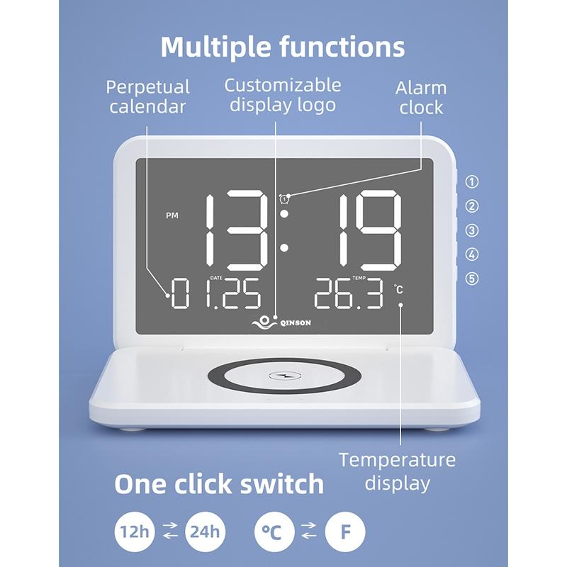 Foldable Desk Calendar Clock with Wireless Charger & Alarm – Black | Multifunctional Charging Station
