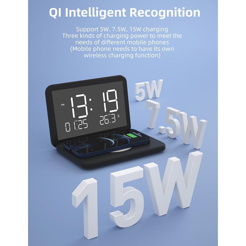 Foldable Desk Calendar Clock with Wireless Charger & Alarm – Black | Multifunctional Charging Station