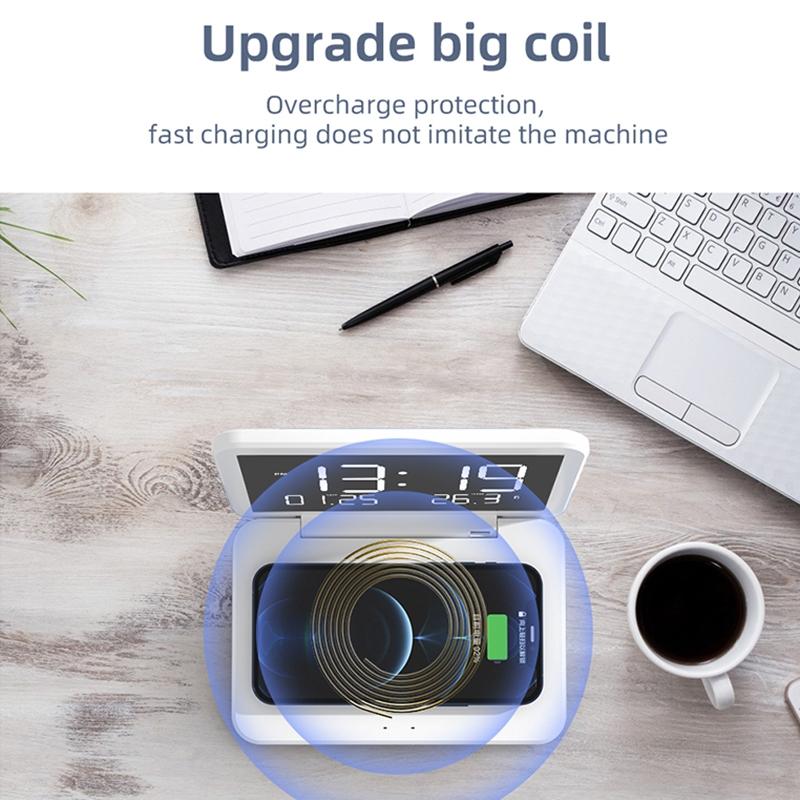 Foldable Desk Calendar Clock with Wireless Charger & Alarm – Black | Multifunctional Charging Station