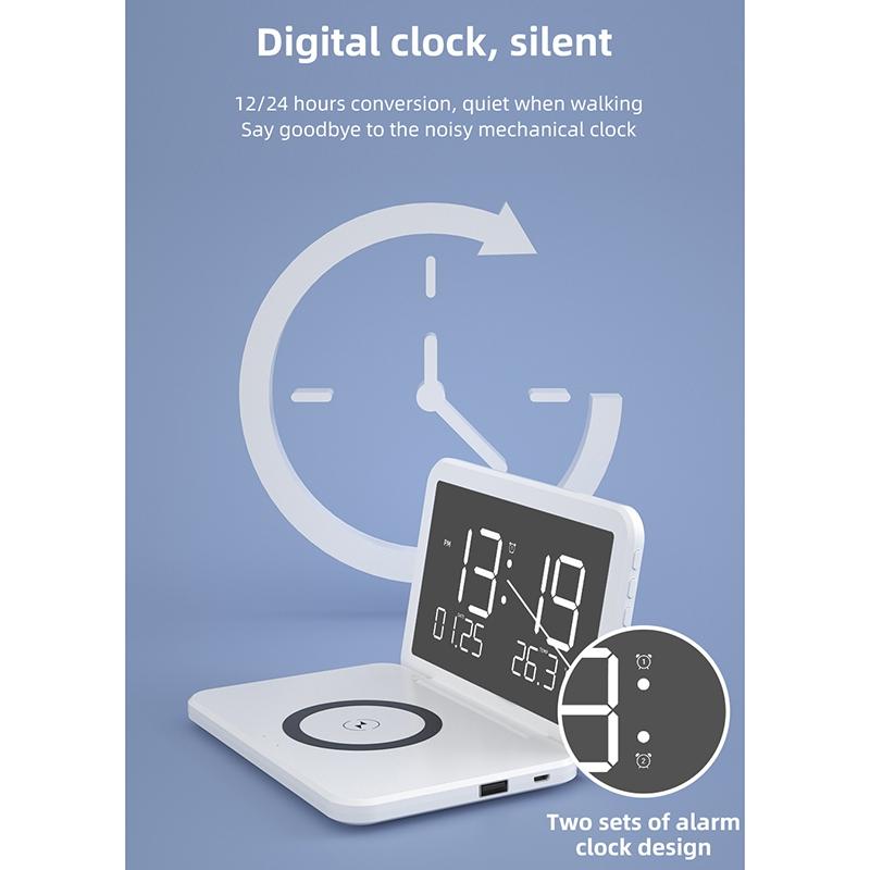Foldable Desk Calendar Clock with Wireless Charger & Alarm – Black | Multifunctional Charging Station