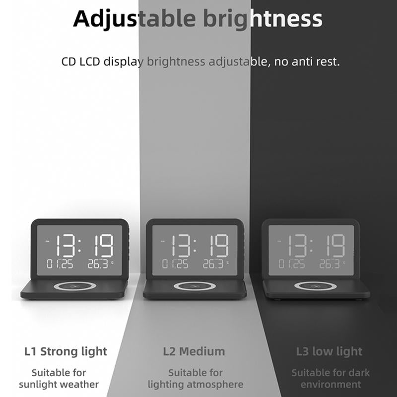 Foldable Desk Calendar Clock with Wireless Charger & Alarm – Black | Multifunctional Charging Station