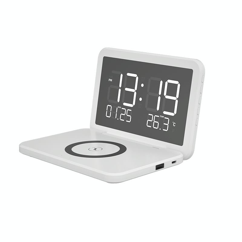 Foldable Desk Calendar Clock with Wireless Charger & Alarm – Black | Multifunctional Charging Station
