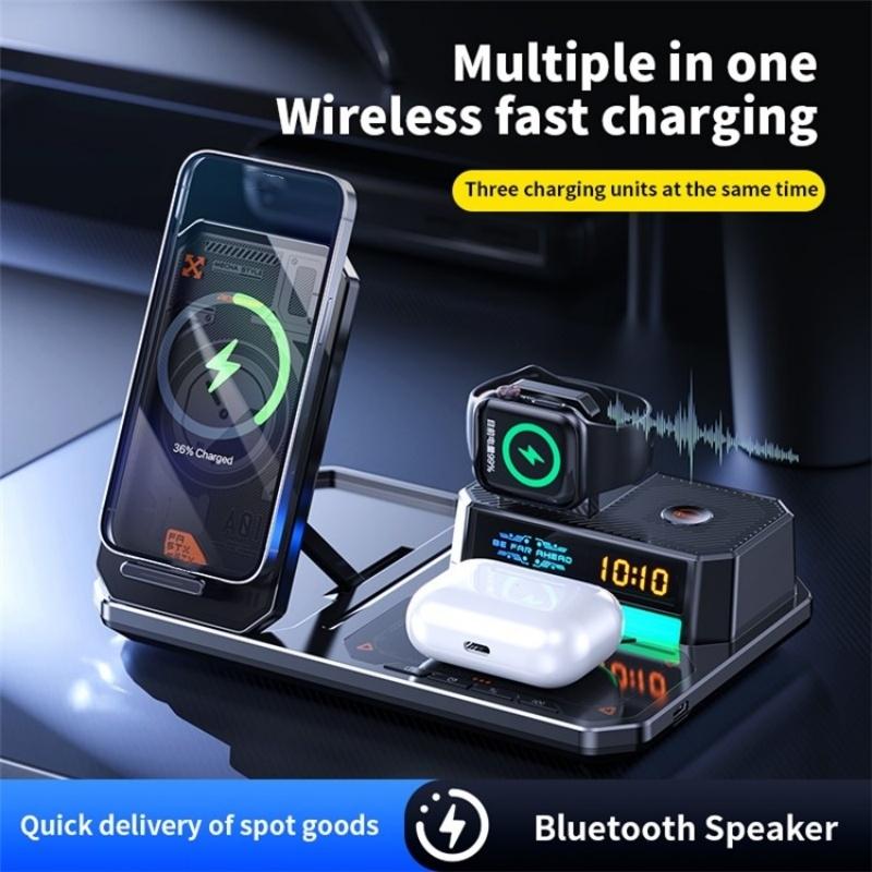 5-in-1 Magnetic Wireless Charging Stand with Clock & Bluetooth Speaker – Fast Charger – Black