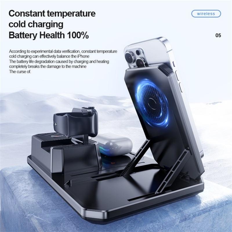 5-in-1 Magnetic Wireless Charging Stand with Clock & Bluetooth Speaker – Fast Charger – Black