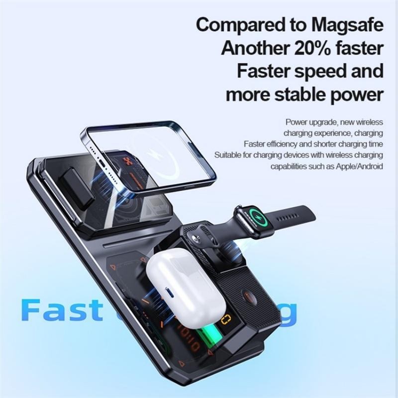 5-in-1 Magnetic Wireless Charging Stand with Clock & Bluetooth Speaker – Fast Charger – Black