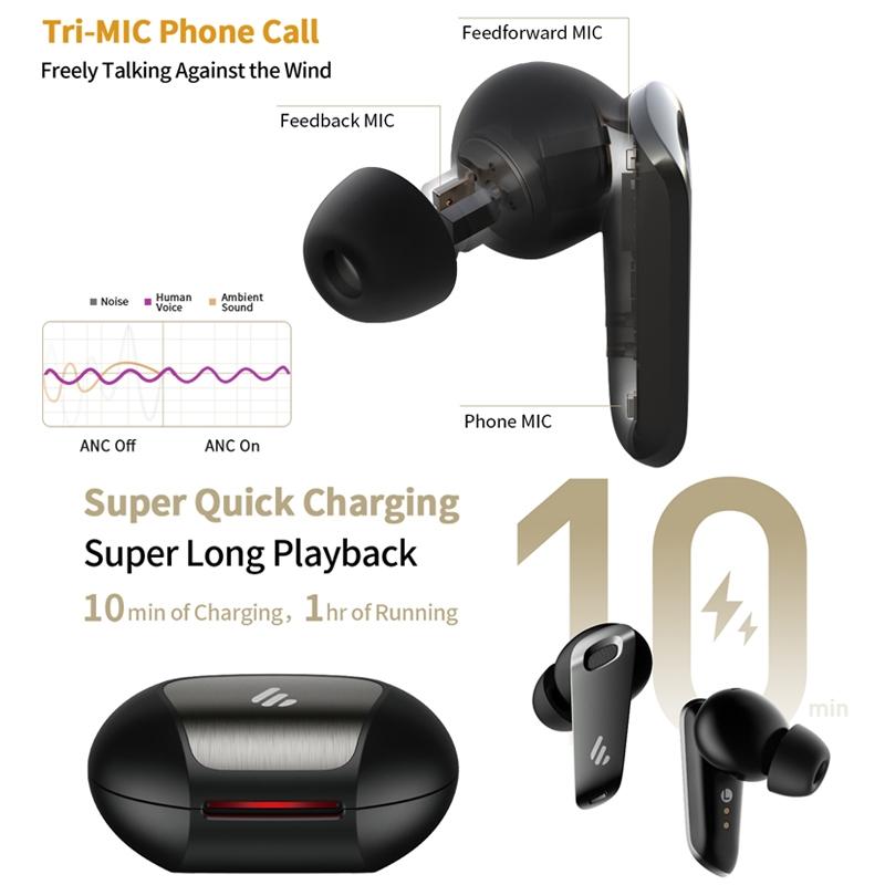 Shadow Black Wireless Bluetooth Earphones – Waterproof & Dustproof, Noise Cancelling, Long Battery Life, Secure Fit
