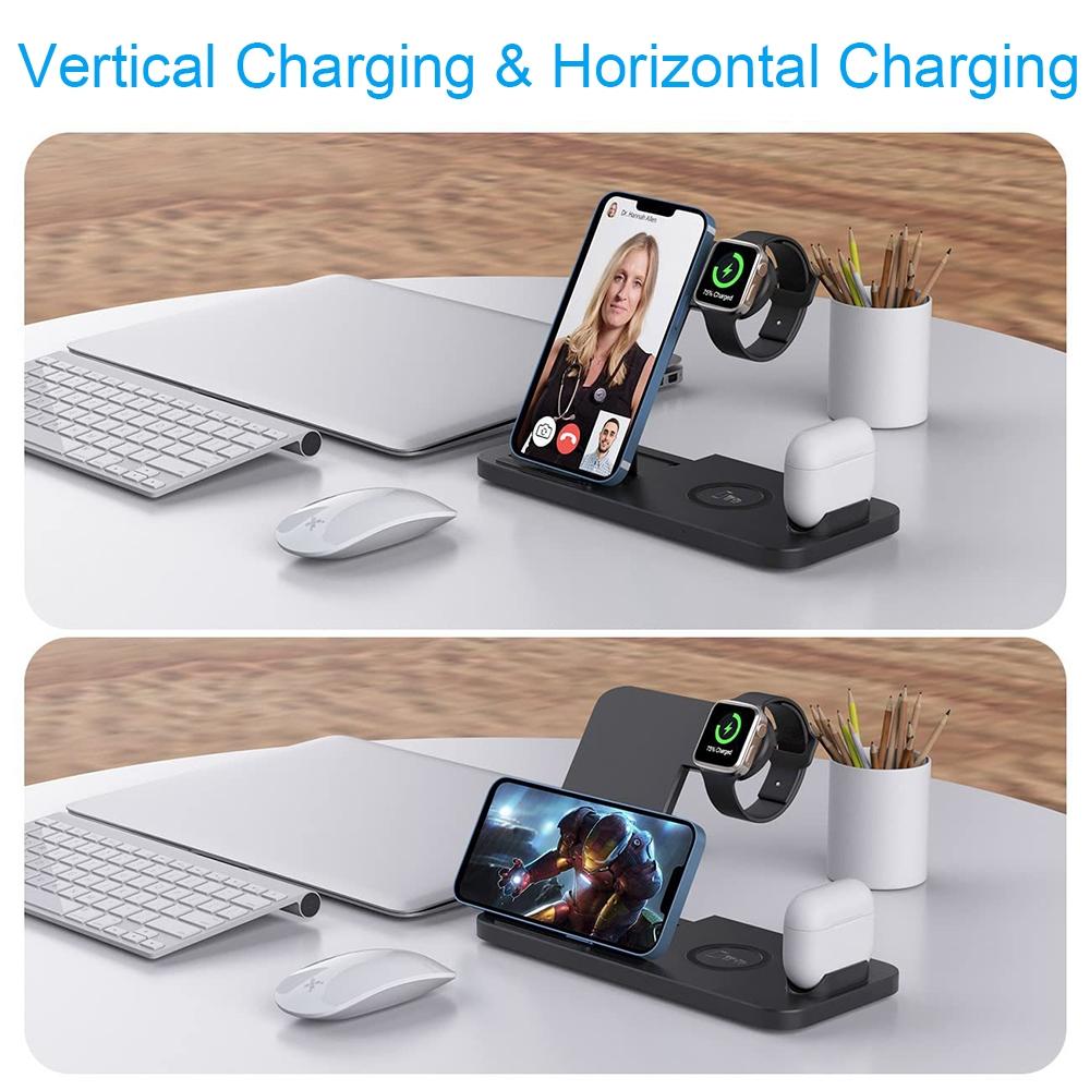Foldable 4-in-1 Wireless Charging Station for Mobile Devices – Fast Charger Stand – Black