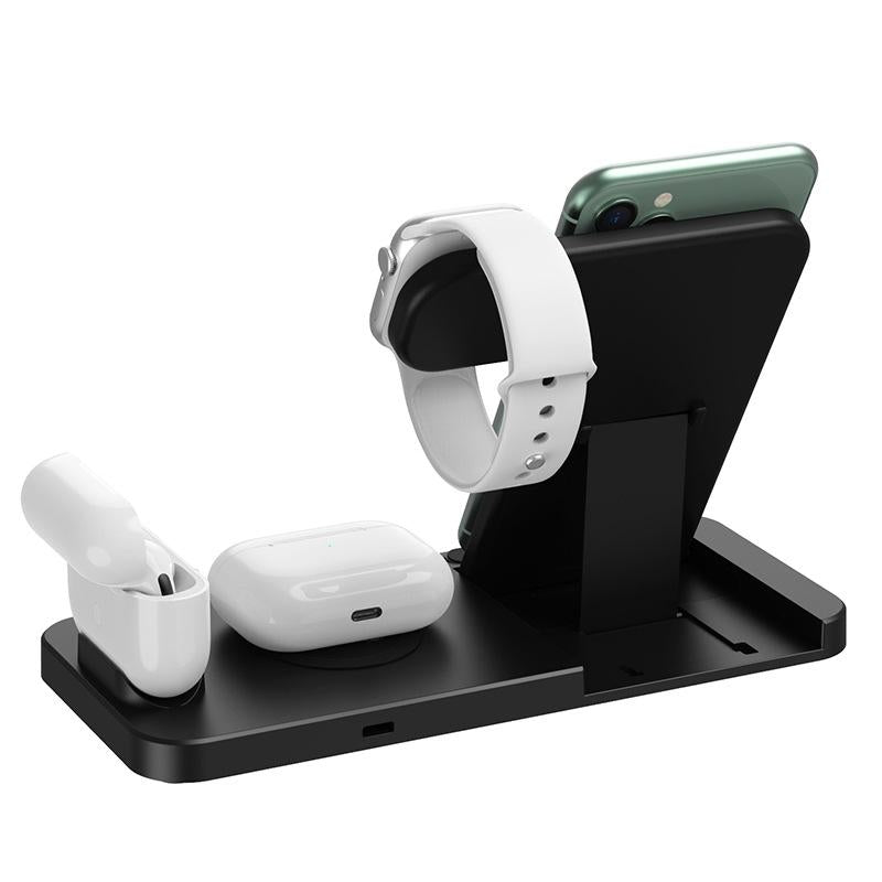 Foldable 4-in-1 Wireless Charging Station for Mobile Devices – Fast Charger Stand – Black
