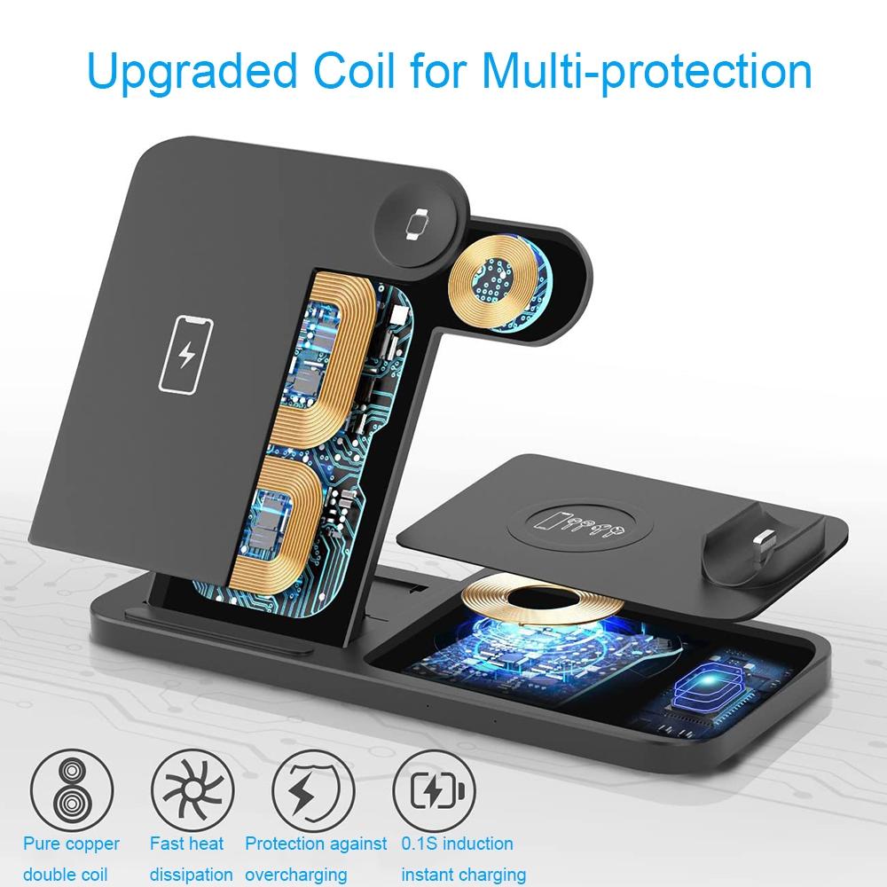 Foldable 4-in-1 Wireless Charging Station for Mobile Devices – Fast Charger Stand – Black