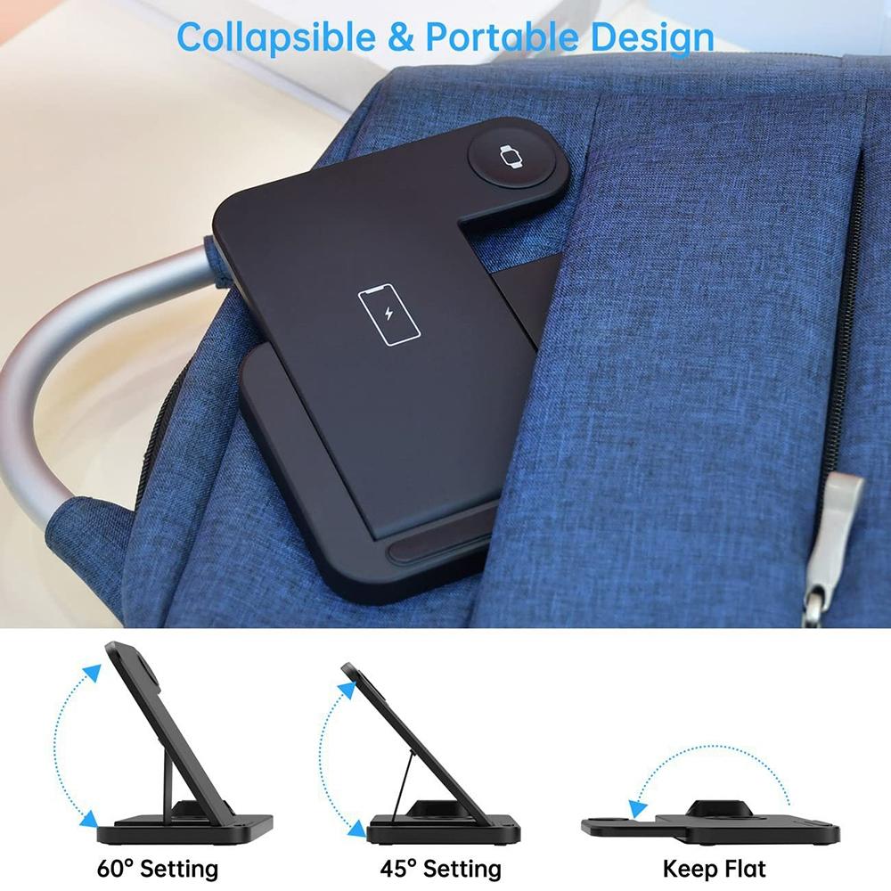 Foldable 4-in-1 Wireless Charging Station for Mobile Devices – Fast Charger Stand – Black