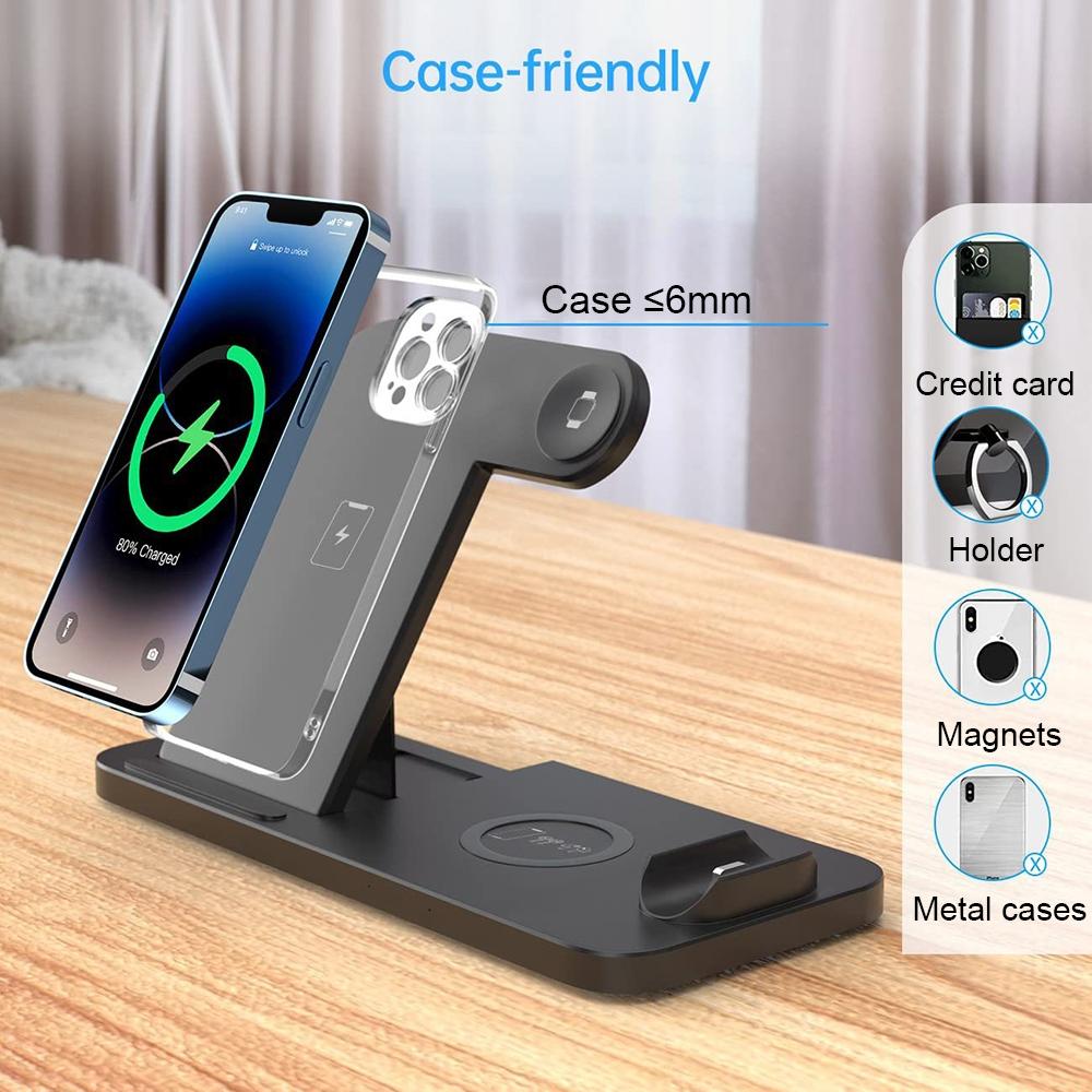 Foldable 4-in-1 Wireless Charging Station for Mobile Devices – Fast Charger Stand – Black