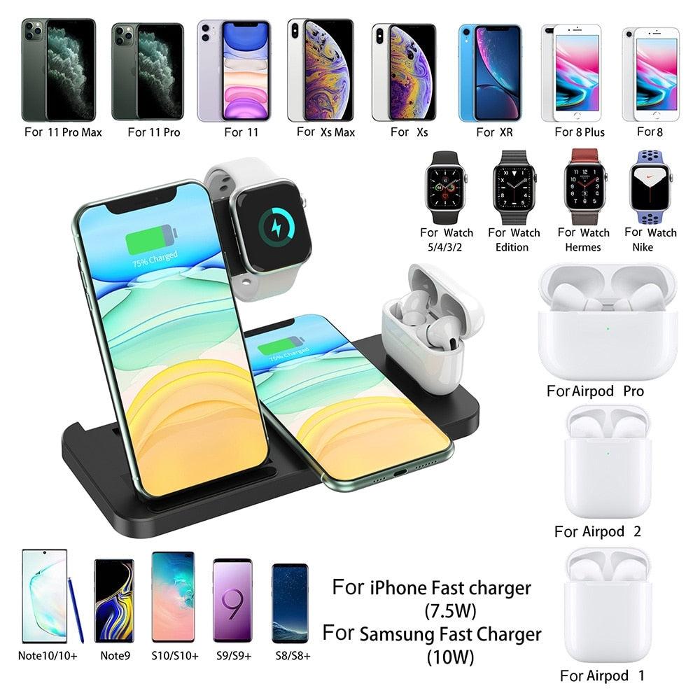 Foldable 4-in-1 Wireless Charging Station for Mobile Devices – Fast Charger Stand – Black