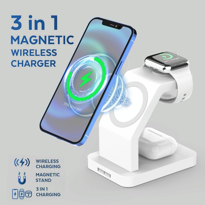 3-in-1 Magnetic Wireless Charging Station for iPhone, Apple Watch & AirPods – MagSafe-Compatible Fast Charger Dock – White