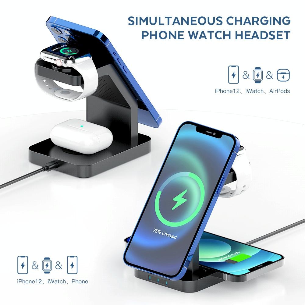 3-in-1 Magnetic Wireless Charging Station for iPhone, Apple Watch & AirPods – MagSafe-Compatible Fast Charger Dock – White