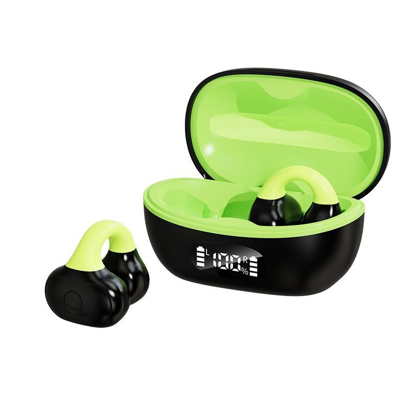 Wireless Clip-On Bluetooth Earphones with Charging Case – Secure Fit, Dual-Tone Black & Green, Long Battery Life