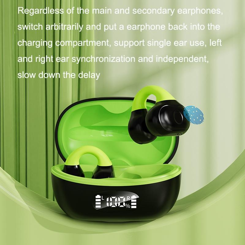 Wireless Clip-On Bluetooth Earphones with Charging Case – Secure Fit, Dual-Tone Black & Green, Long Battery Life