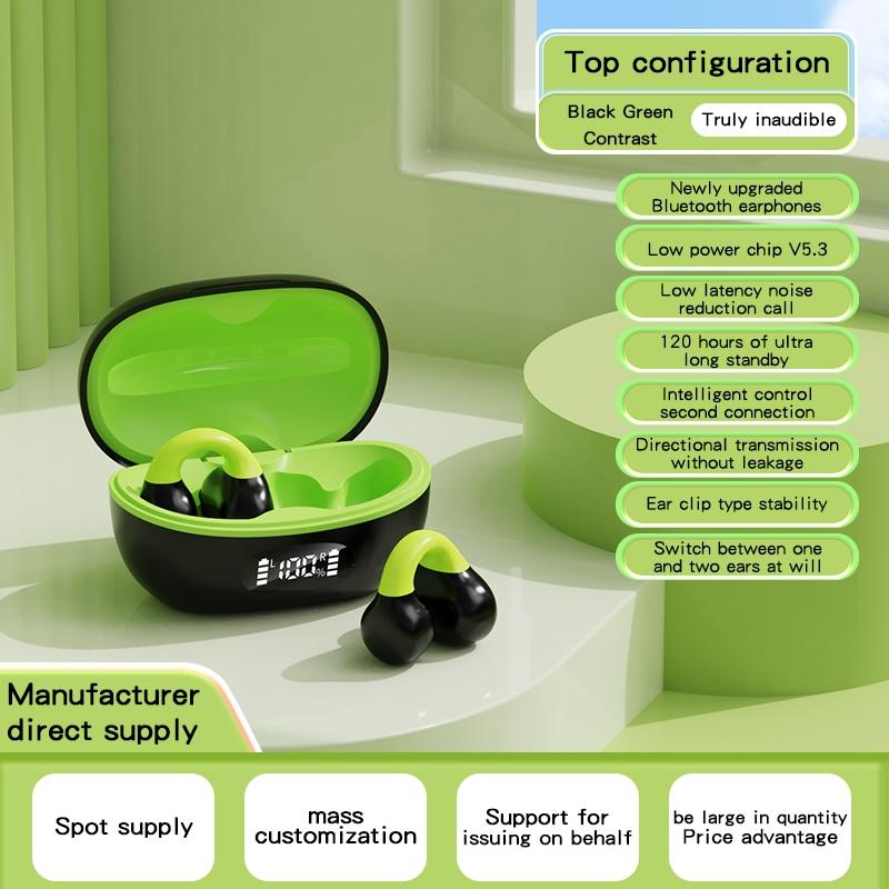 Wireless Clip-On Bluetooth Earphones with Charging Case – Secure Fit, Dual-Tone Black & Green, Long Battery Life