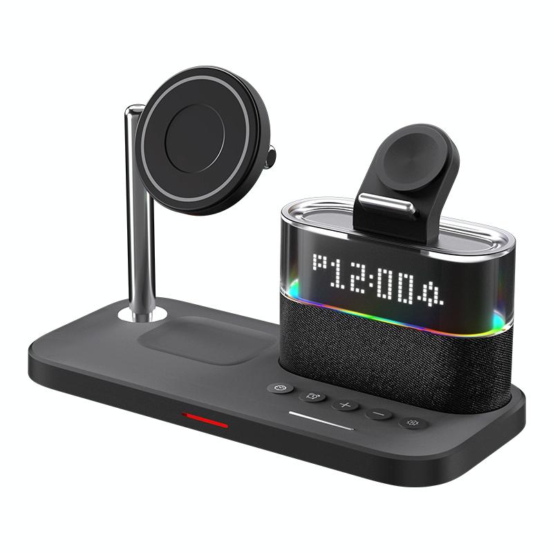 15W Wireless Charger with Clock & Lamp – Black | Multifunctional Qi Charging Station with LED Display