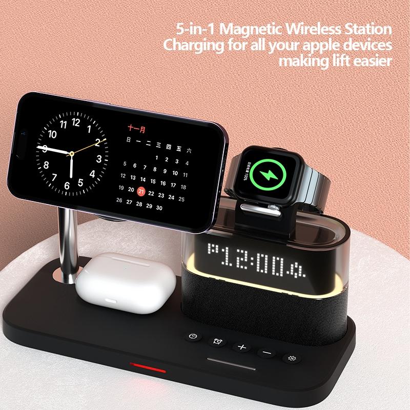 15W Wireless Charger with Clock & Lamp – Black | Multifunctional Qi Charging Station with LED Display