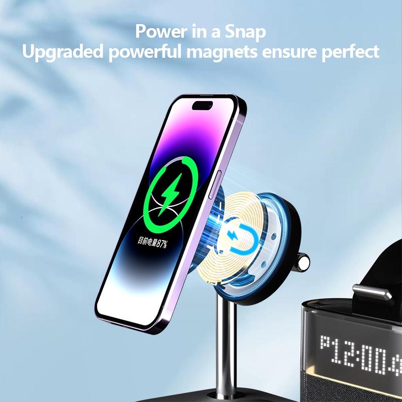 15W Wireless Charger with Clock & Lamp – Black | Multifunctional Qi Charging Station with LED Display