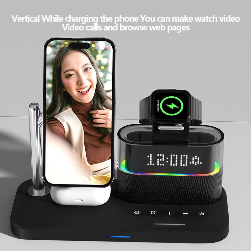 15W Wireless Charger with Clock & Lamp – Black | Multifunctional Qi Charging Station with LED Display