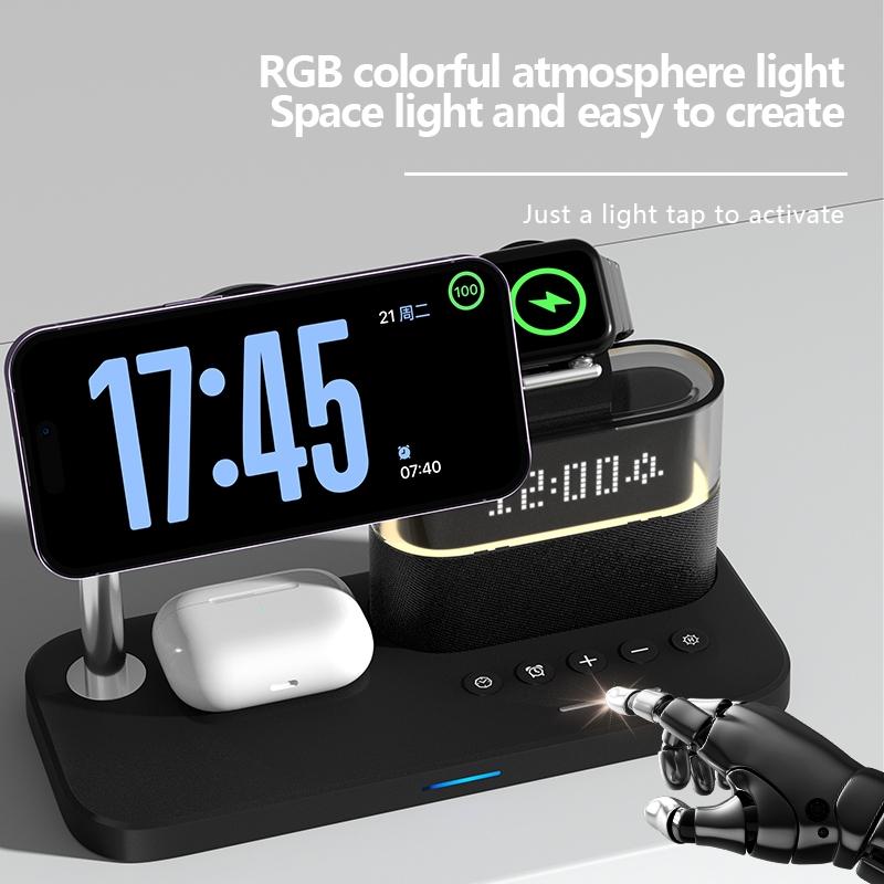 15W Wireless Charger with Clock & Lamp – Black | Multifunctional Qi Charging Station with LED Display