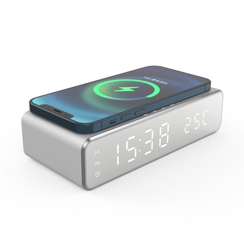 Wireless Charging Desktop Phone Stand with Clock & Temperature Display – Silver