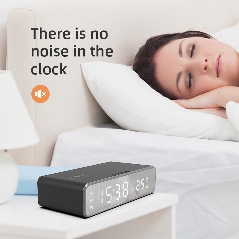 Wireless Charging Desktop Phone Stand with Clock & Temperature Display – Silver