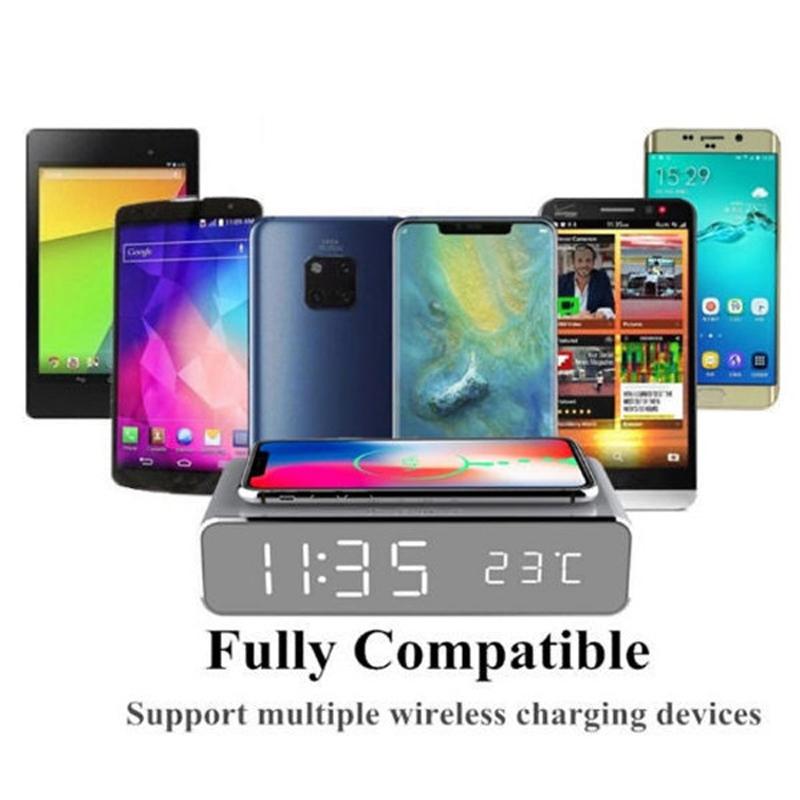 Wireless Charging Desktop Phone Stand with Clock & Temperature Display – Silver