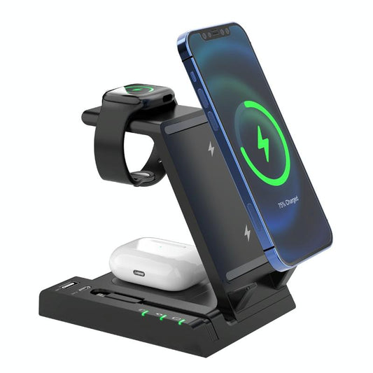6-in-1 Fast Wireless Charger Stand – Black | Multi-Device Qi Charging Dock for Phone, Watch & Earbuds