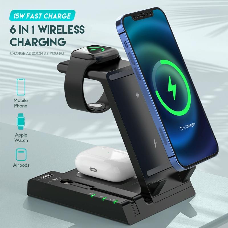 6-in-1 Fast Wireless Charger Stand – Black | Multi-Device Qi Charging Dock for Phone, Watch & Earbuds