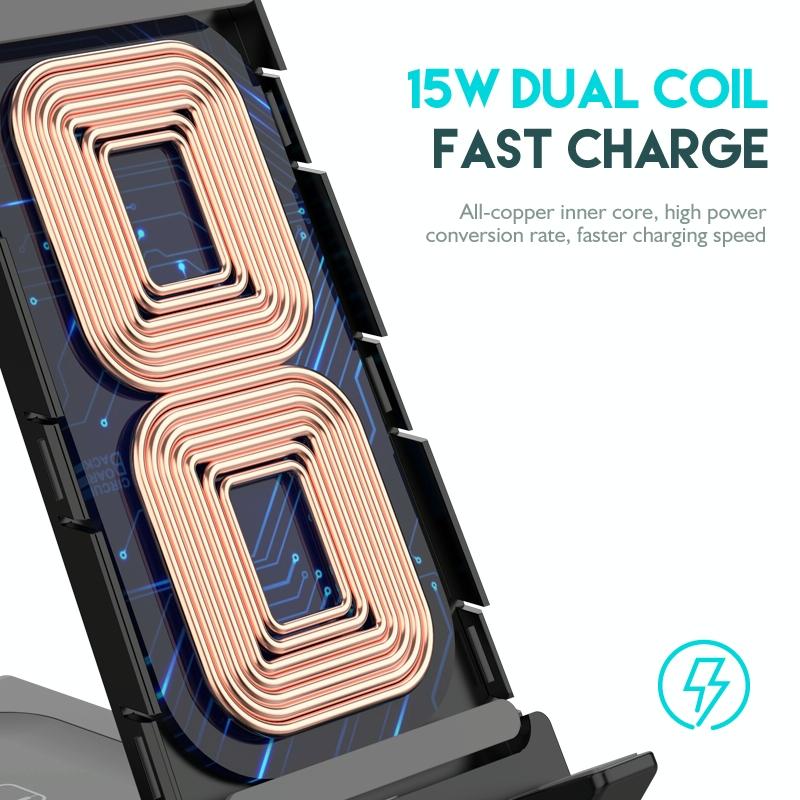 6-in-1 Fast Wireless Charger Stand – Black | Multi-Device Qi Charging Dock for Phone, Watch & Earbuds