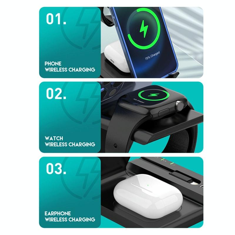 6-in-1 Fast Wireless Charger Stand – Black | Multi-Device Qi Charging Dock for Phone, Watch & Earbuds