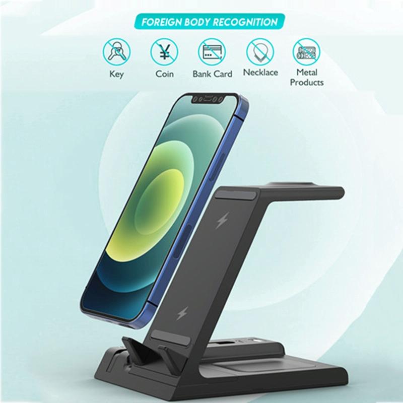6-in-1 Fast Wireless Charger Stand – Black | Multi-Device Qi Charging Dock for Phone, Watch & Earbuds