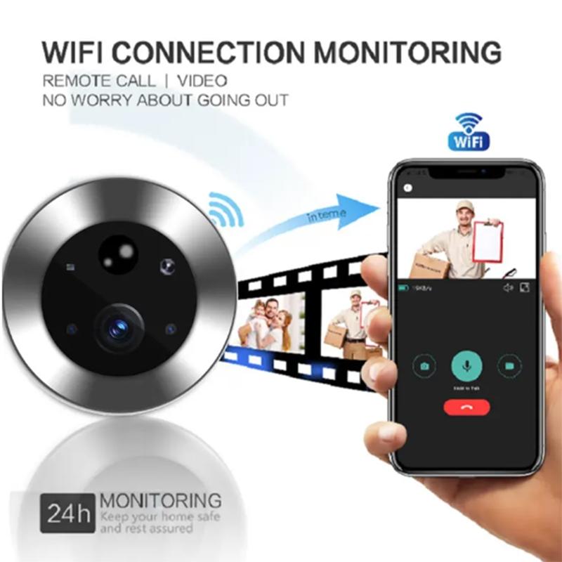 1080P WiFi Smart Cat Eye Video Doorbell – 4.3″ Color Screen, Hidden Camera, Graffiti Design – Black