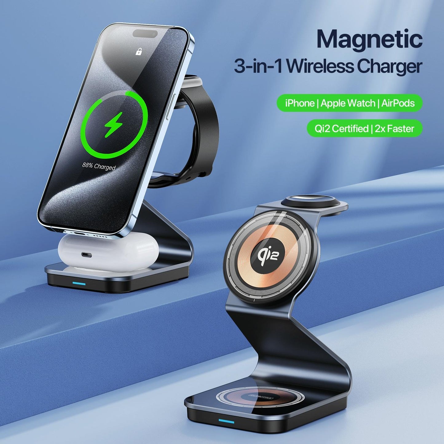 15W 3-in-1 Magnetic Wireless Charger Stand – Black | Fast Qi Charging Dock for Phone, Watch & Earbuds