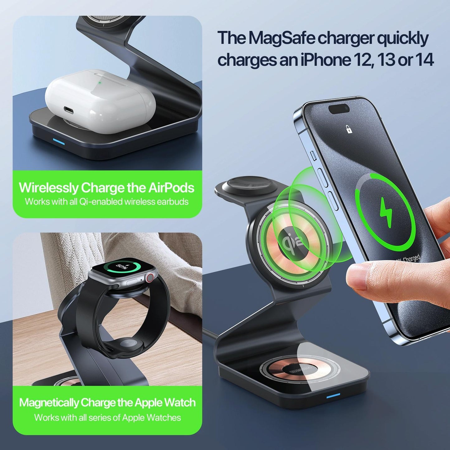 15W 3-in-1 Magnetic Wireless Charger Stand – Black | Fast Qi Charging Dock for Phone, Watch & Earbuds